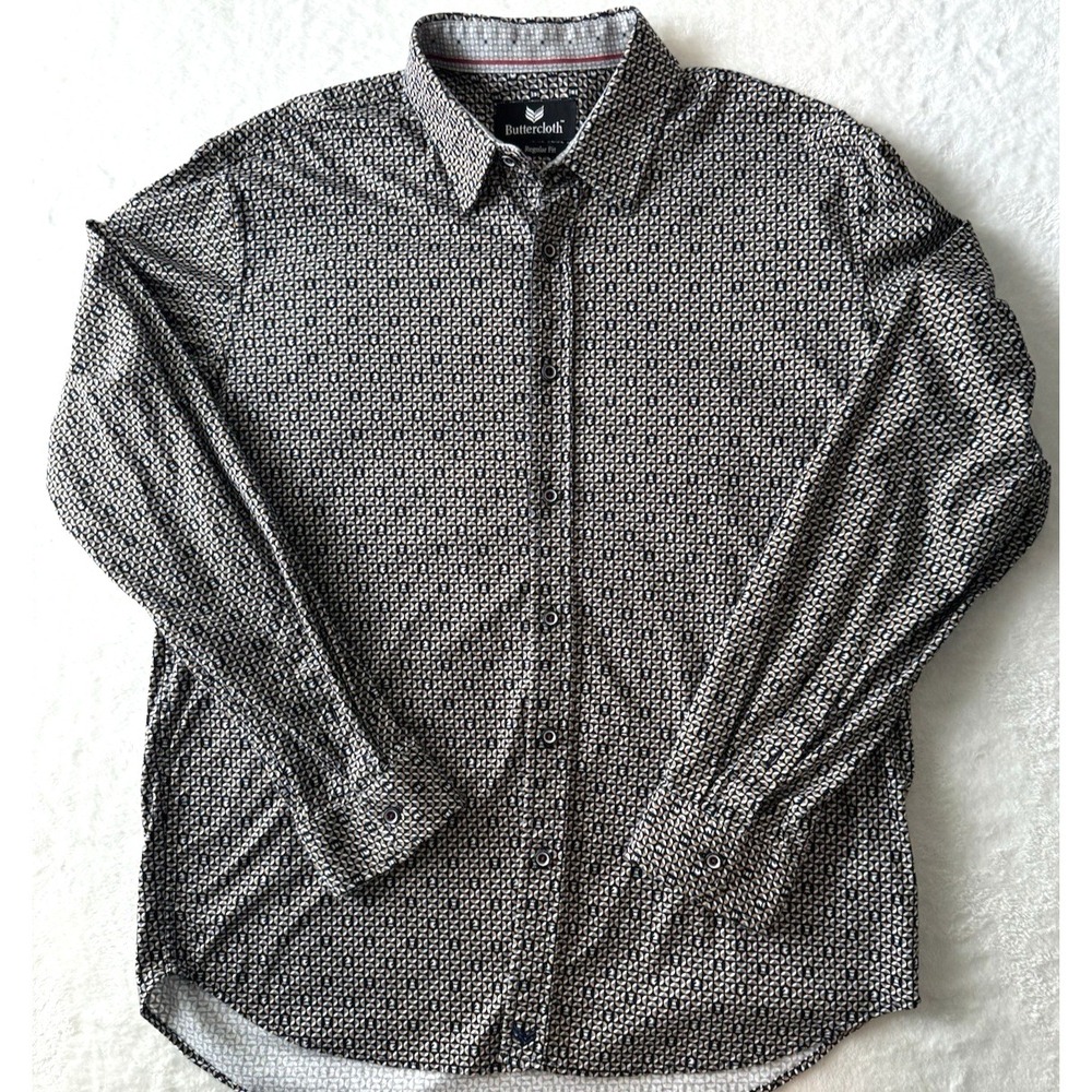 Buttercloth Men XL Button-Up Black Gold Shirt Geometric Chess Print Long Sleeve